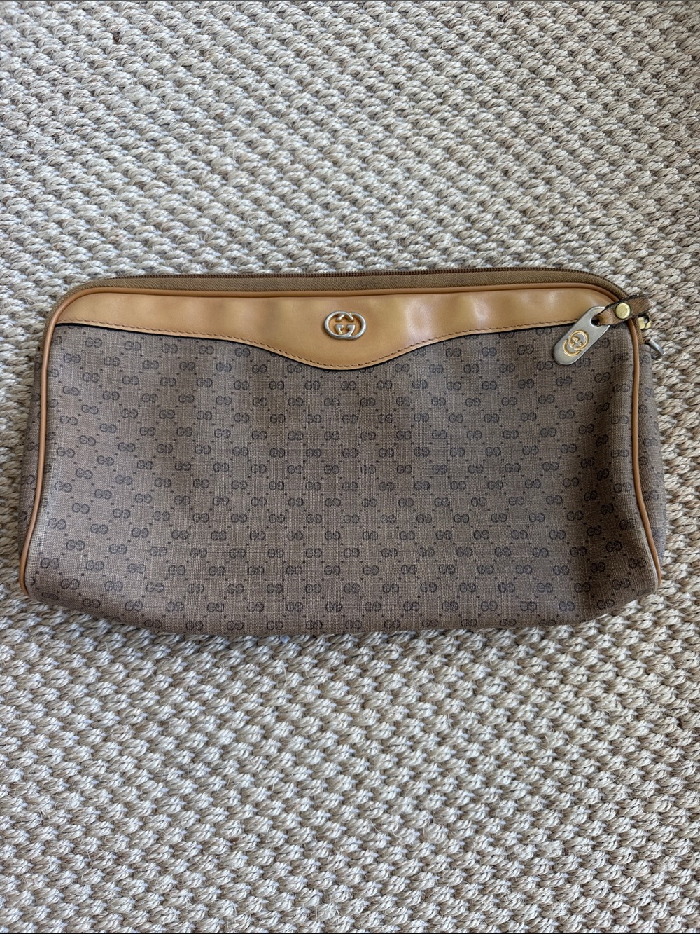 Gucci Brown Monogram clutch with Tan Leather Trim